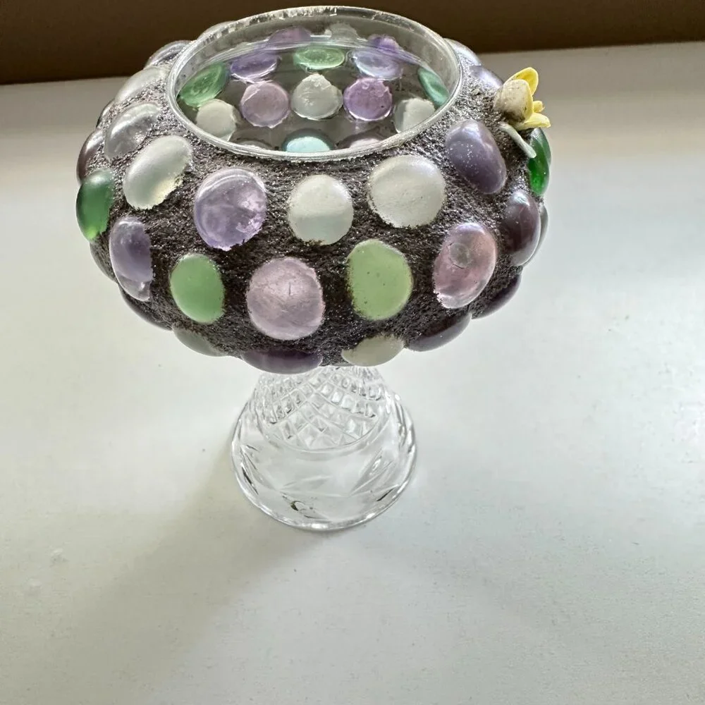 Handmade Glass‎ Pebble Cement Votive/Small Plant Holder Pearl Detail Floral